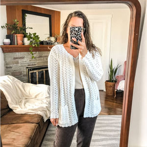 VINTAGE | Women's Medium White Pointelle Textured Knit Cardigan Sweater